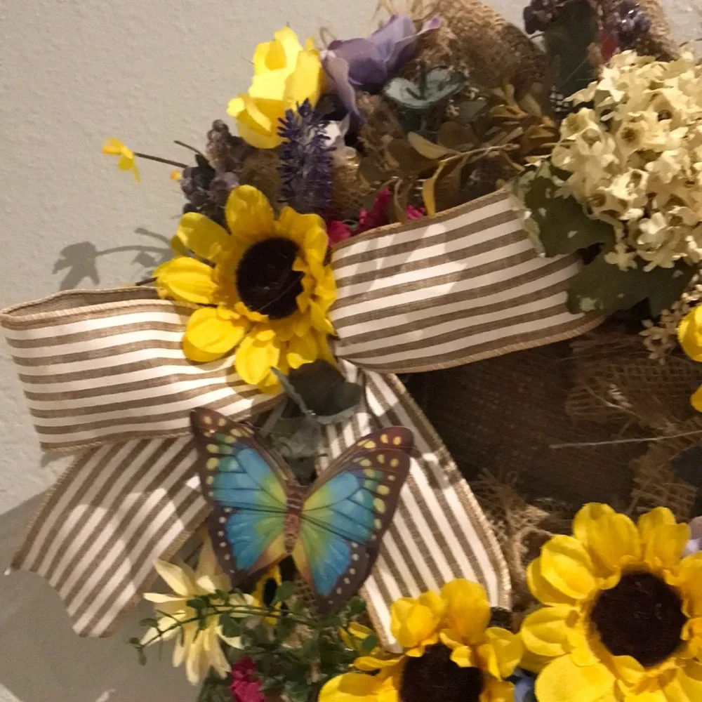 Autumn Sunflower Wreath Adorable 2 Small Butterflies Small Sized FINAL SALE